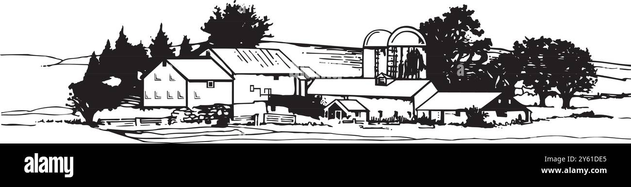 fattoria isometrica con stenile e recinzione di fieno silo e illustrazione vettoriale isolata per lampioni stradali Illustrazione Vettoriale