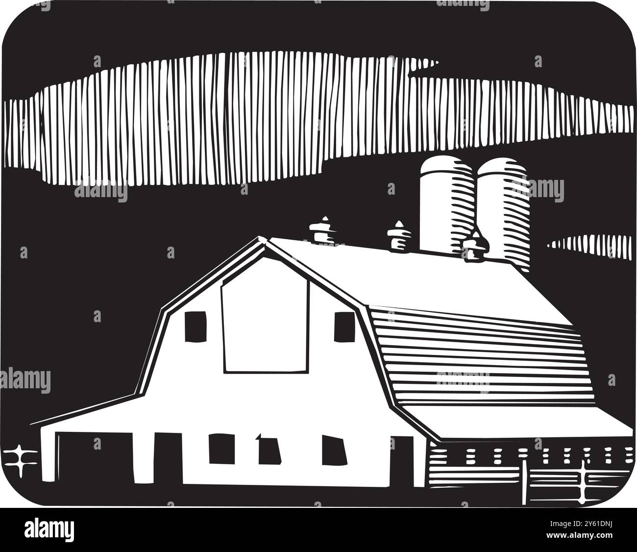 fattoria isometrica con stenile e recinzione di fieno silo e illustrazione vettoriale isolata per lampioni stradali Illustrazione Vettoriale