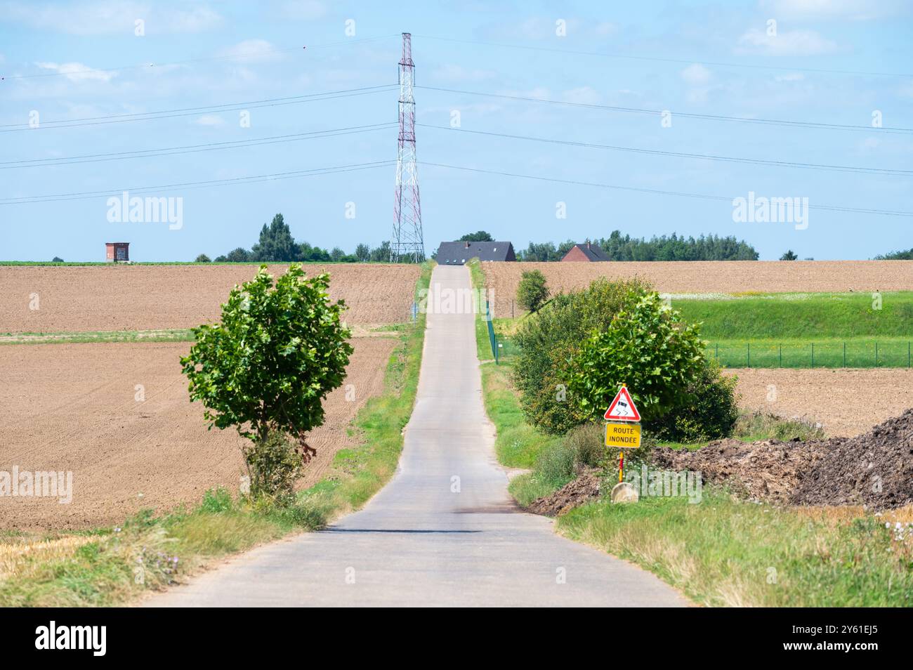 Strada di campagna rettilinea che attraversa i campi e i terreni agricoli, Crisnée, Vallonia, Belgio Foto Stock