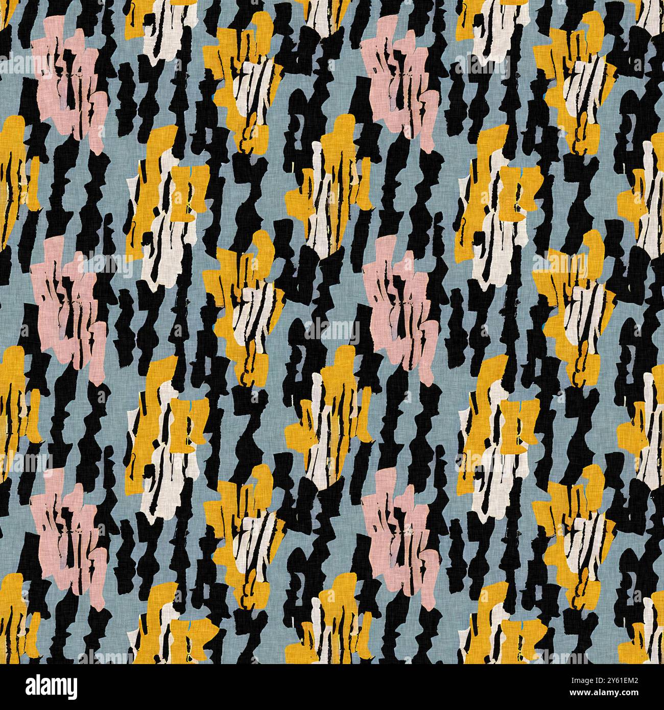 Moderno motivo blockprint in tessuto stampato con fiori selvatici e texture in lino. Motivi floreali boho scuri disegnati a mano stilizzati per elementi di design decorativi Foto Stock