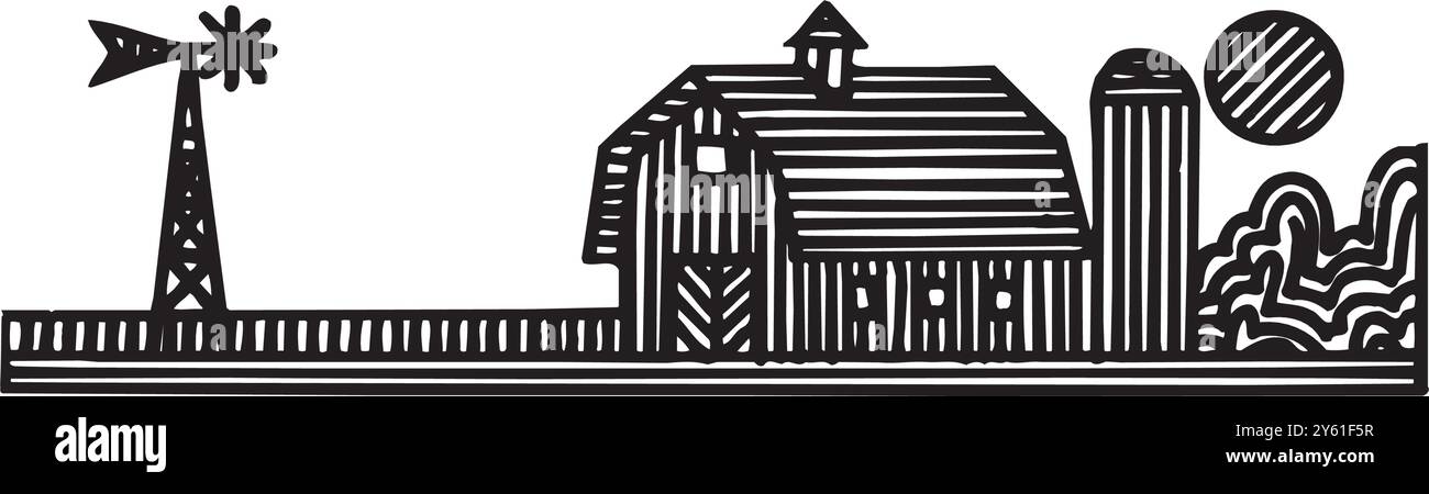 fattoria isometrica con stenile e recinzione di fieno silo e illustrazione vettoriale isolata per lampioni stradali Illustrazione Vettoriale