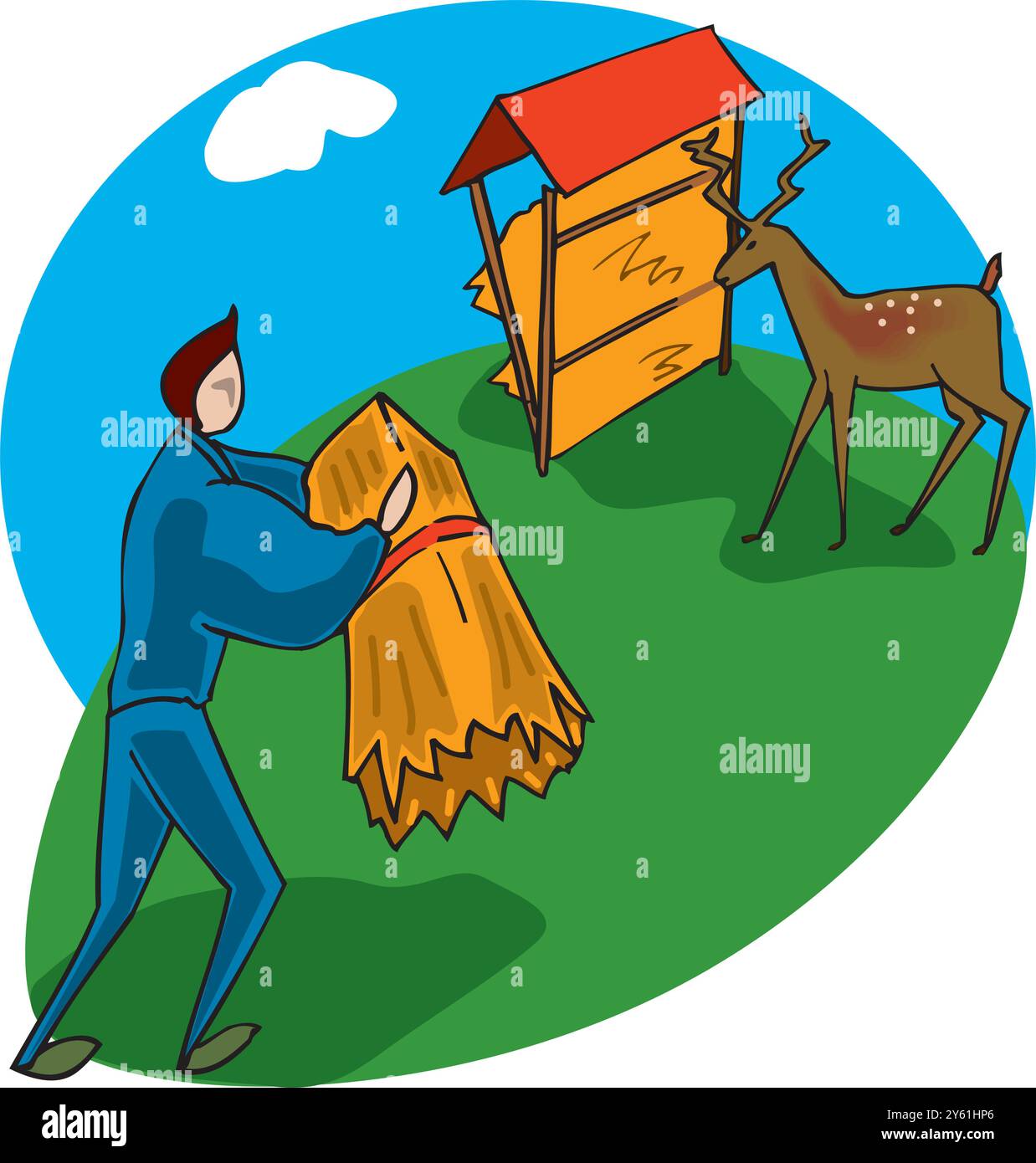 un agricoltore che dona erba ai cervi nell'illustrazione del disegno vettoriale dell'azienda Illustrazione Vettoriale