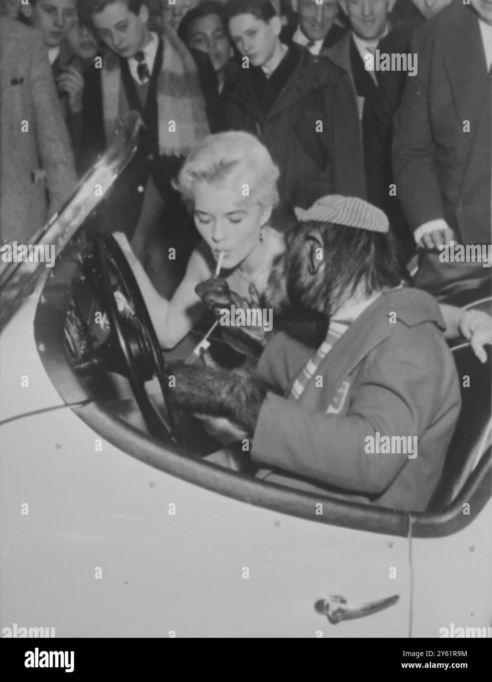 LO SCIMPANZÉ ADATTO " MR CHARLEY " OFFRE UNA LUCE AL SUO PASSEGGERO FUMANTE AL SALONE DELL'AUTOMOBILE DI AMSTERDAM 25 FEBBRAIO 1960 Foto Stock