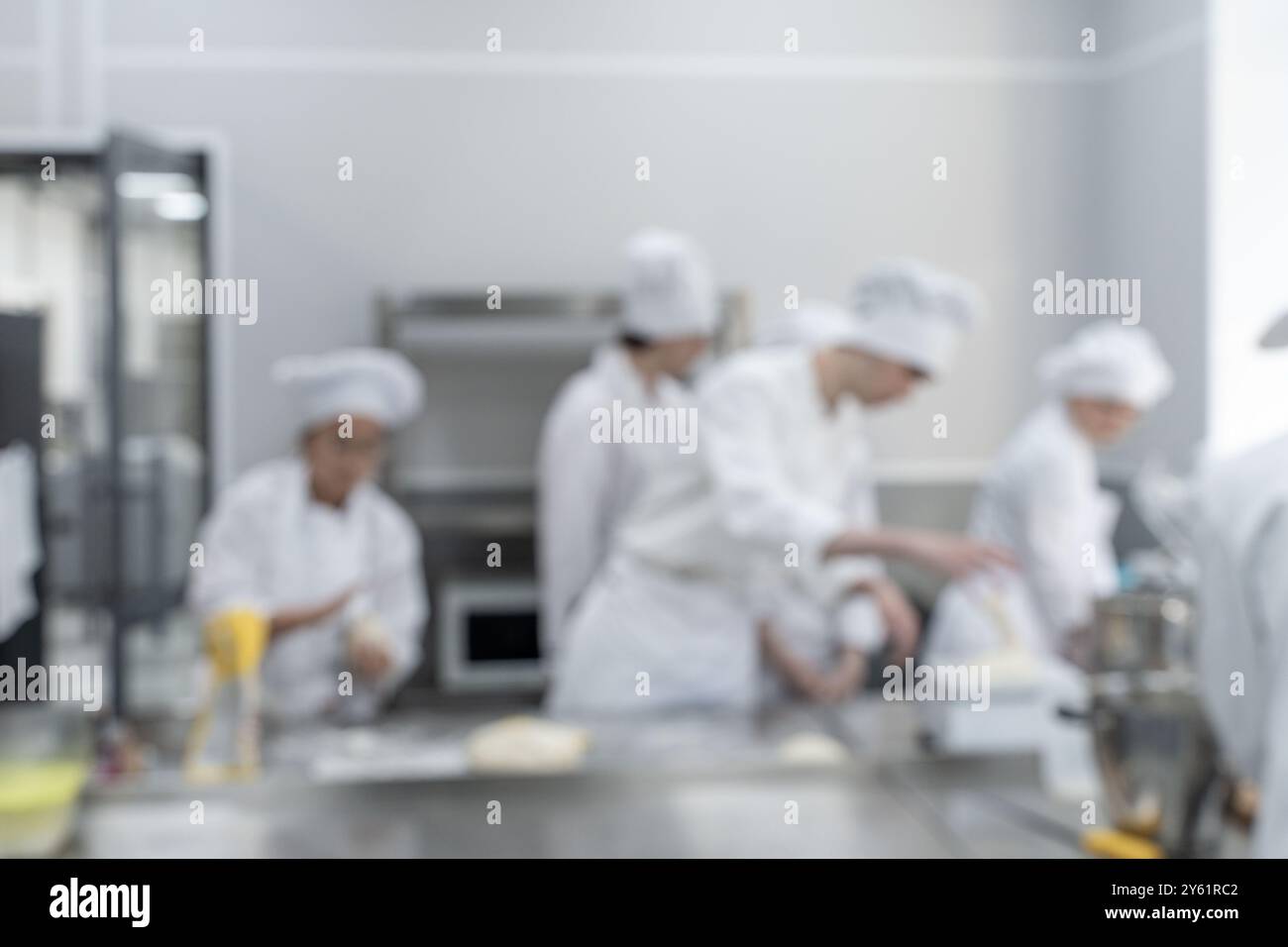 Team di panettieri che lavorano in cucina, immagine offuscata della produzione culinaria o panetteria. Foto di alta qualità Foto Stock