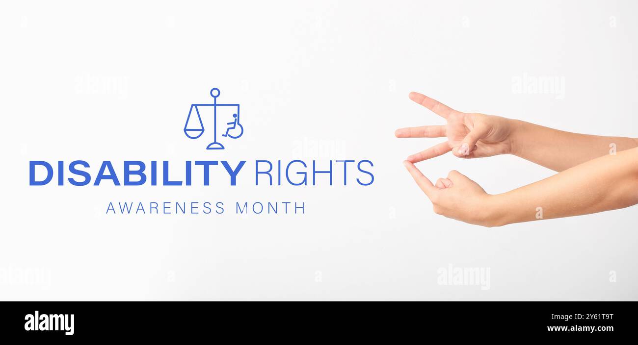 Banner per il mese di sensibilizzazione sui diritti della disabilità con le mani di giovani non udenti e muti che usano il linguaggio dei segni Foto Stock