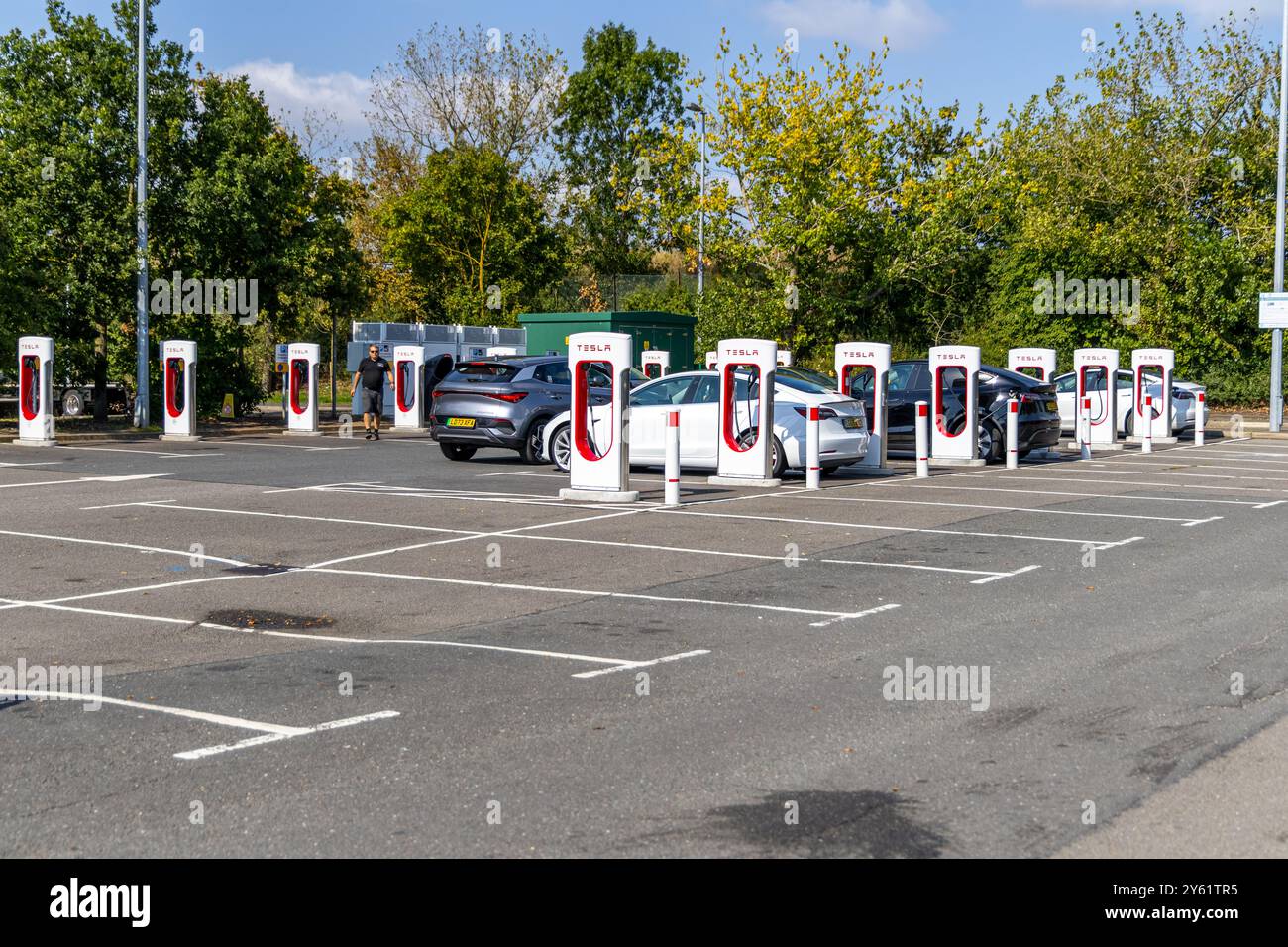 Londra, Regno Unito - 19 settembre 2024: Fila di auto Tesla che si caricano presso una stazione Supercharger. Foto Stock