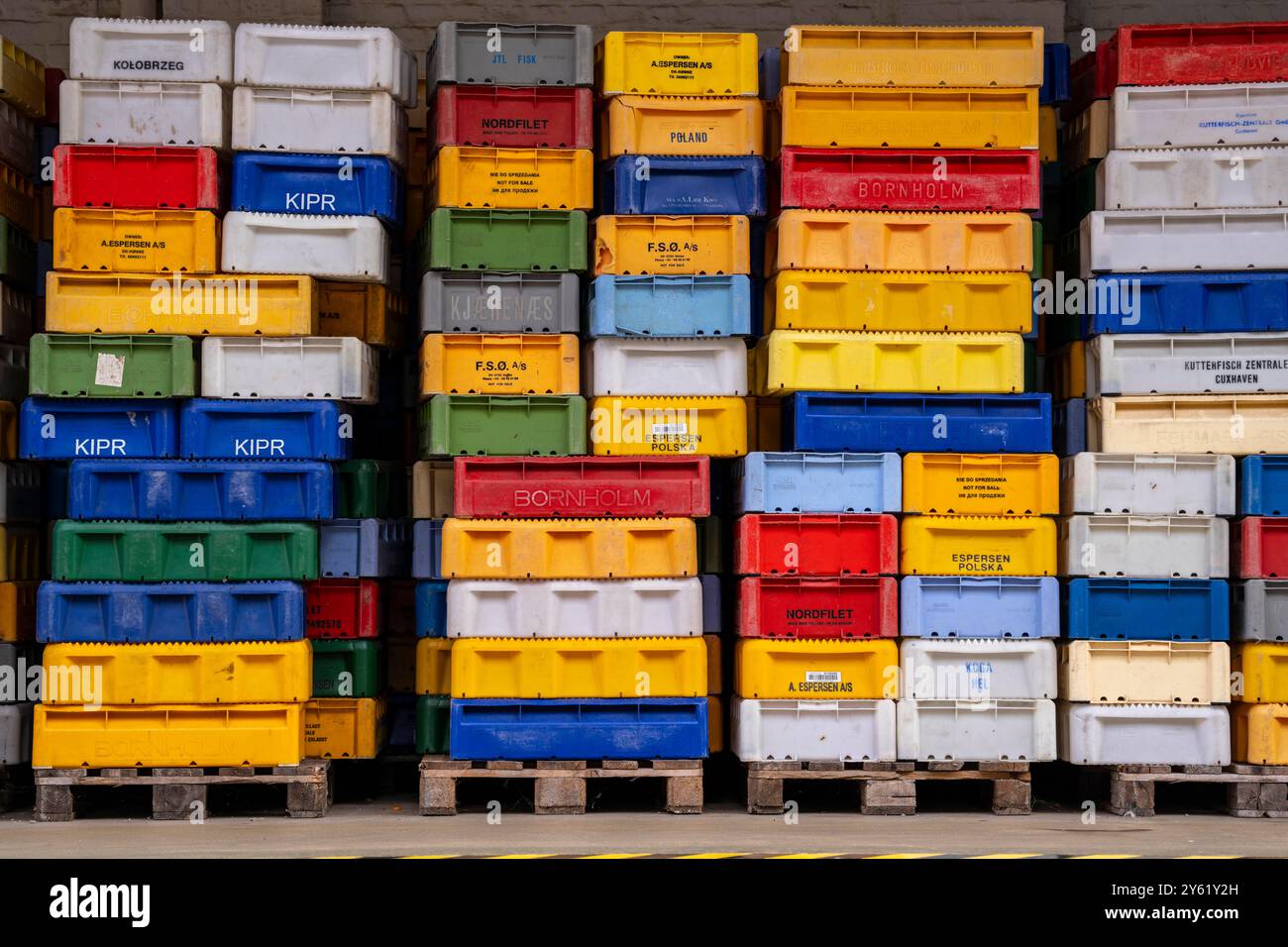 Il porto di Sassnitz, isola di Rügen, scatoloni di pesce in attesa della nuova cattura, presso il porto peschereccio di Meclemburgo-Vorpommern, Germania Foto Stock