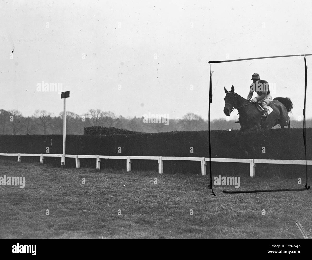 "Happy Home" di Dorothy Paget, B.. Marshall Up prende l'ultima recinzione per vincere il Blindley Heath Chase al primo giorno alla riunione di Lingfield Park, oggi. 19 dicembre 1947 Foto Stock