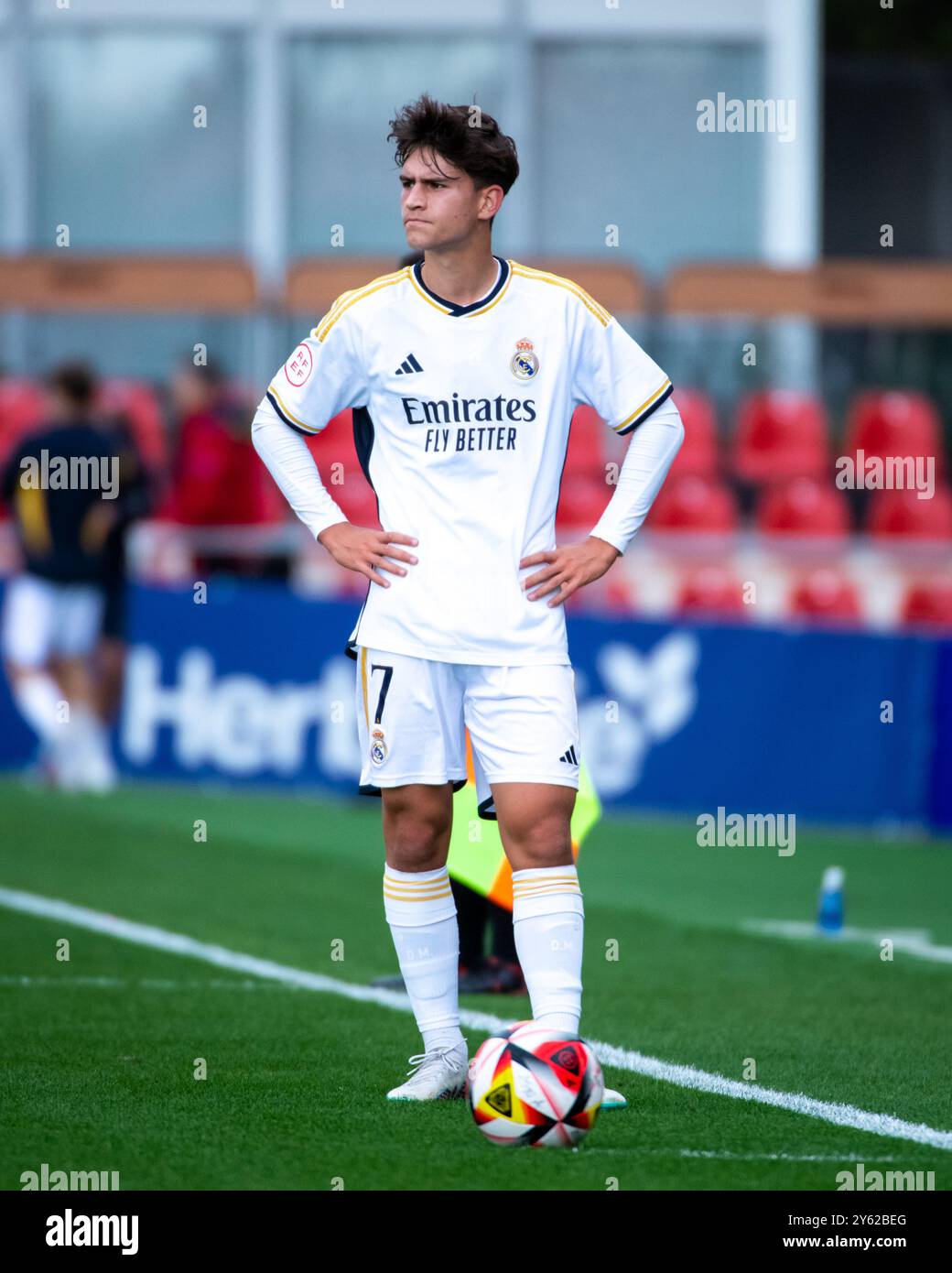 Alcala de Henares, Spagna. Liga Division de Honor Juvenil. Atletico de Madrid vs Real Madrid. Wanda City. Daniel Mesonero durante la partita Foto Stock