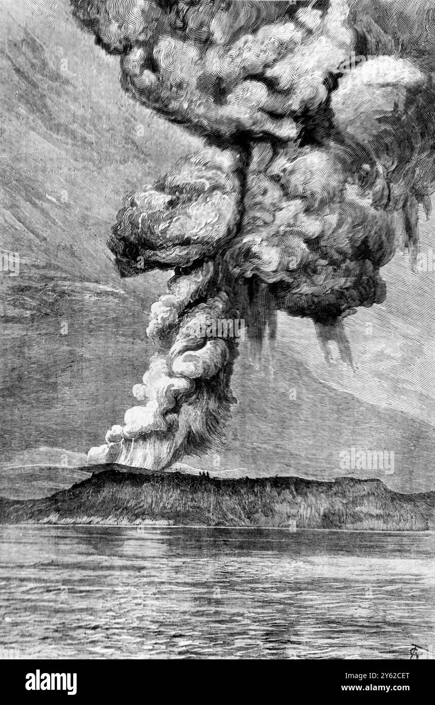 L'eruzione vulcanica di Krakatoa nello stretto della sonda a metà strada tra Giava e Sumatra. Il vulcano Krakatau (Krakatoa) si trovava sull'isola di Rakata, 40 km al largo della costa occidentale di Giava. Il 27 agosto 1883, l'isola indonesiana di Rakata quasi svanì. Infatti, circa il 75% della superficie di Rakata non esiste più. È stata l'eruzione vulcanica più violenta registrata nella storia mondiale che ha causato la distruzione, e ha lasciato più di 30.000 morti. Foto Stock