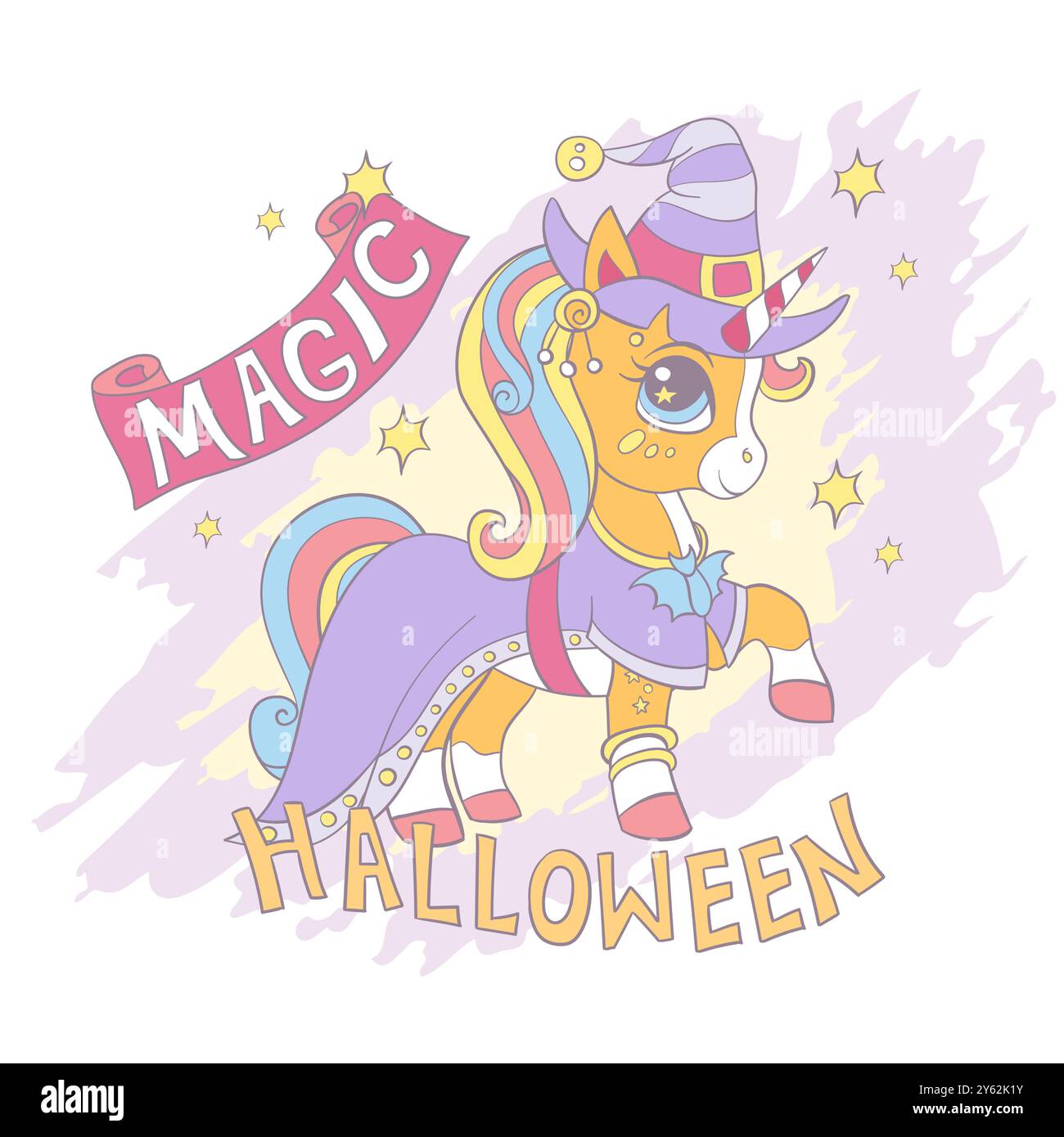 Halloween card con simpatico unicorno cartoni animati che indossa un cappello da strega. Lettering Magic Halloween. Illustrazione vettoriale in colori delicati alla moda. Per la stampa, le schede, in Illustrazione Vettoriale