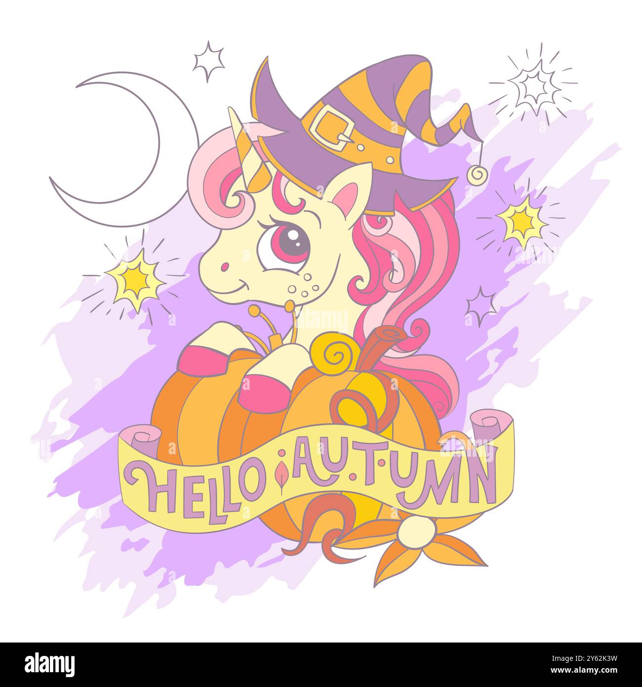 Biglietto di Halloween con un simpatico unicorno a cartoni animati seduto in una zucca. Buongiorno Lettering autunnale. Illustrazione vettoriale in colori delicati alla moda. Per la stampa, le schede, in Illustrazione Vettoriale