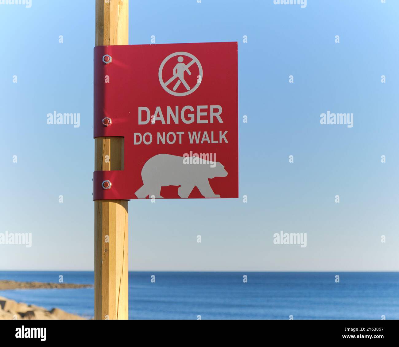 Cartello di avvertimento in Churchill Manitoba: Pericolo non camminare, con la grafica dell'orso polare vicino alla Baia di Hudson. Foto Stock