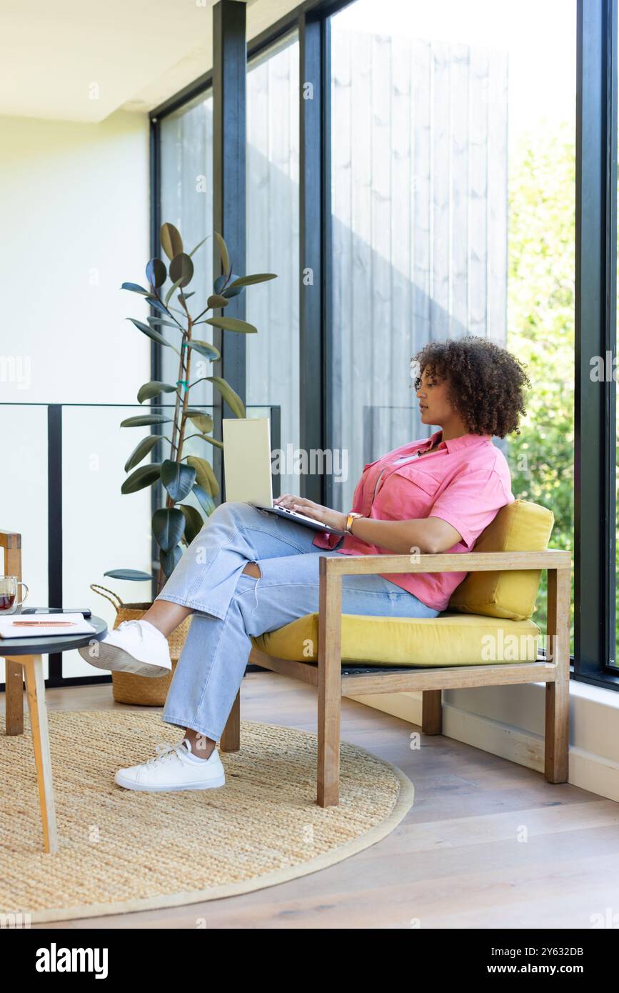 Utilizzo di un computer portatile e di una donna di grandi dimensioni seduta su una sedia nel soggiorno moderno, spazio per le copie, a casa Foto Stock