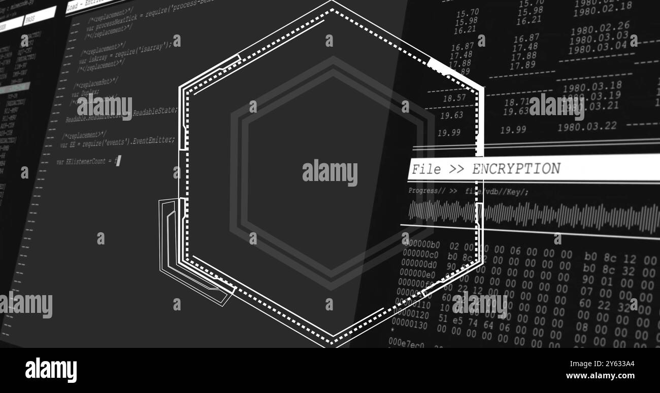 Immagine di testo con crittografia dei file su forme esagonali e sfondo del codice binario Foto Stock