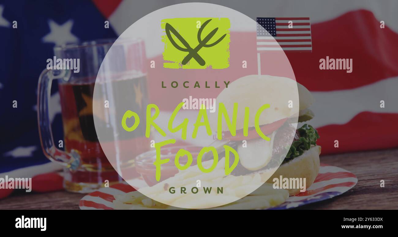 Cibo biologico locale cresciuto immagine sulla bandiera americana e pasto sul tavolo Foto Stock
