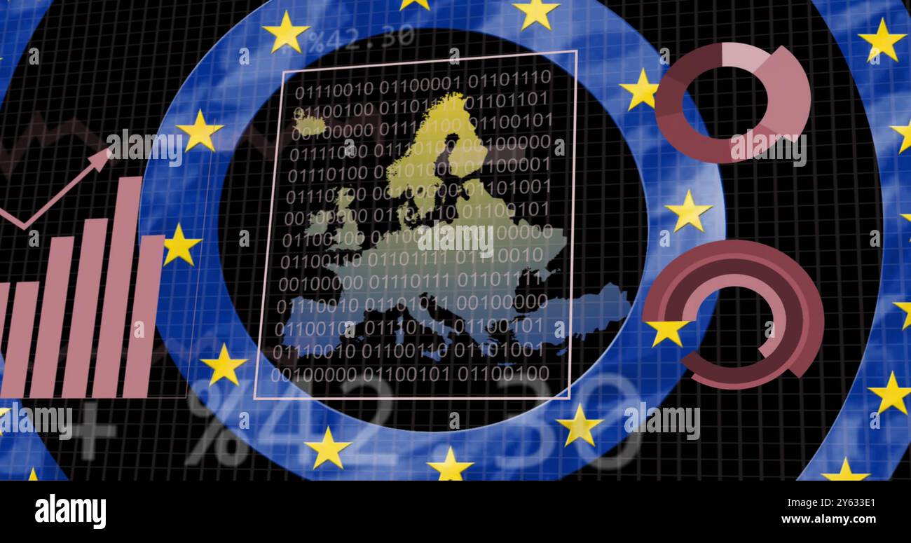 Immagine dell'elaborazione dei dati, bandiera e mappa dell'europa su sfondo nero Foto Stock