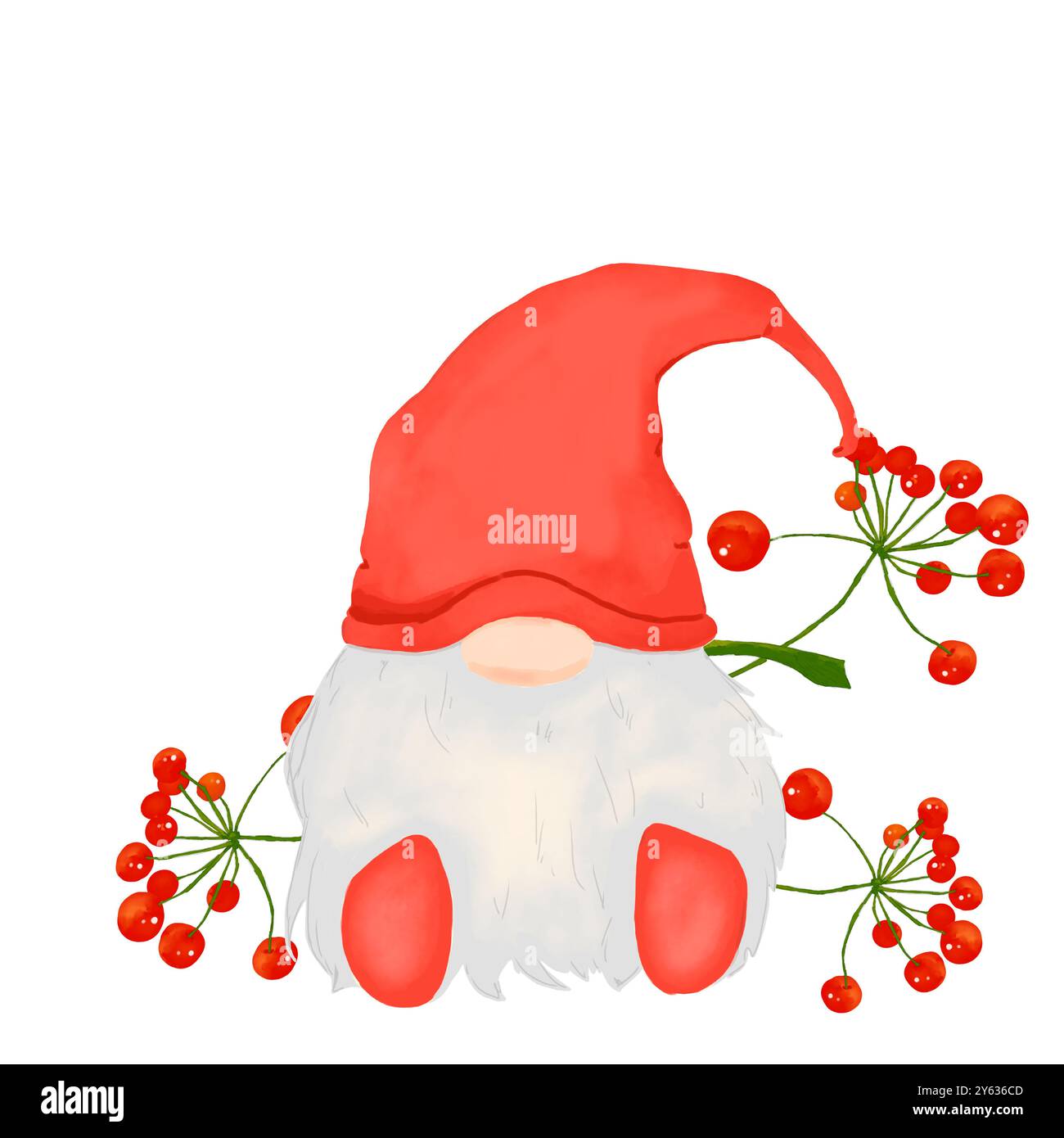 GNOME in berretto da notte rosso e stivali rossi con barba grigia e naso grande con bacche rosse in pennarelli digitali color acquerello colorano l'illustaratio natalizia Foto Stock