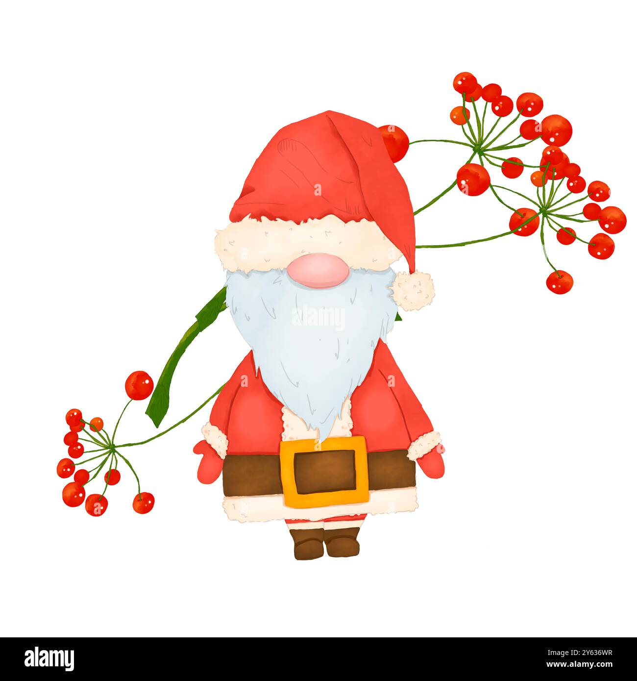 GNOME in costume rosso in pennarelli digitali in stile acquerello illustrazione del colore natalizio da utilizzare con banner con biglietti e volantini, biglietti da visita e opuscoli Foto Stock