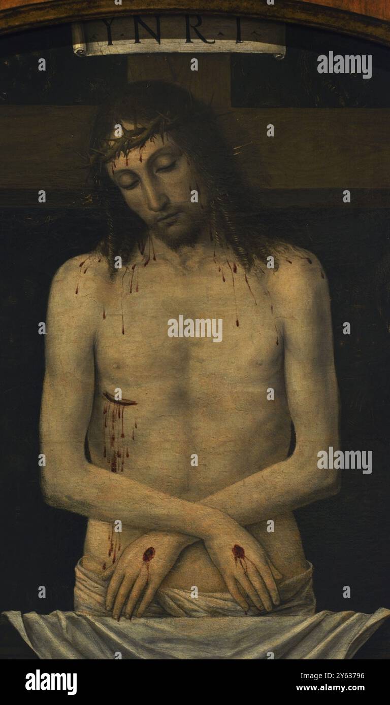 Ambrogio da Fossano, detto Bergognone (1453-1523). Pittore rinascimentale italiano. Pietà di Cristo tra due angeli, 1488-1490. Tempera su pannello di legno trasferito su tela. Dettagli. Pinacoteca Castello Sforzesco, Milano, Italia. Foto Stock