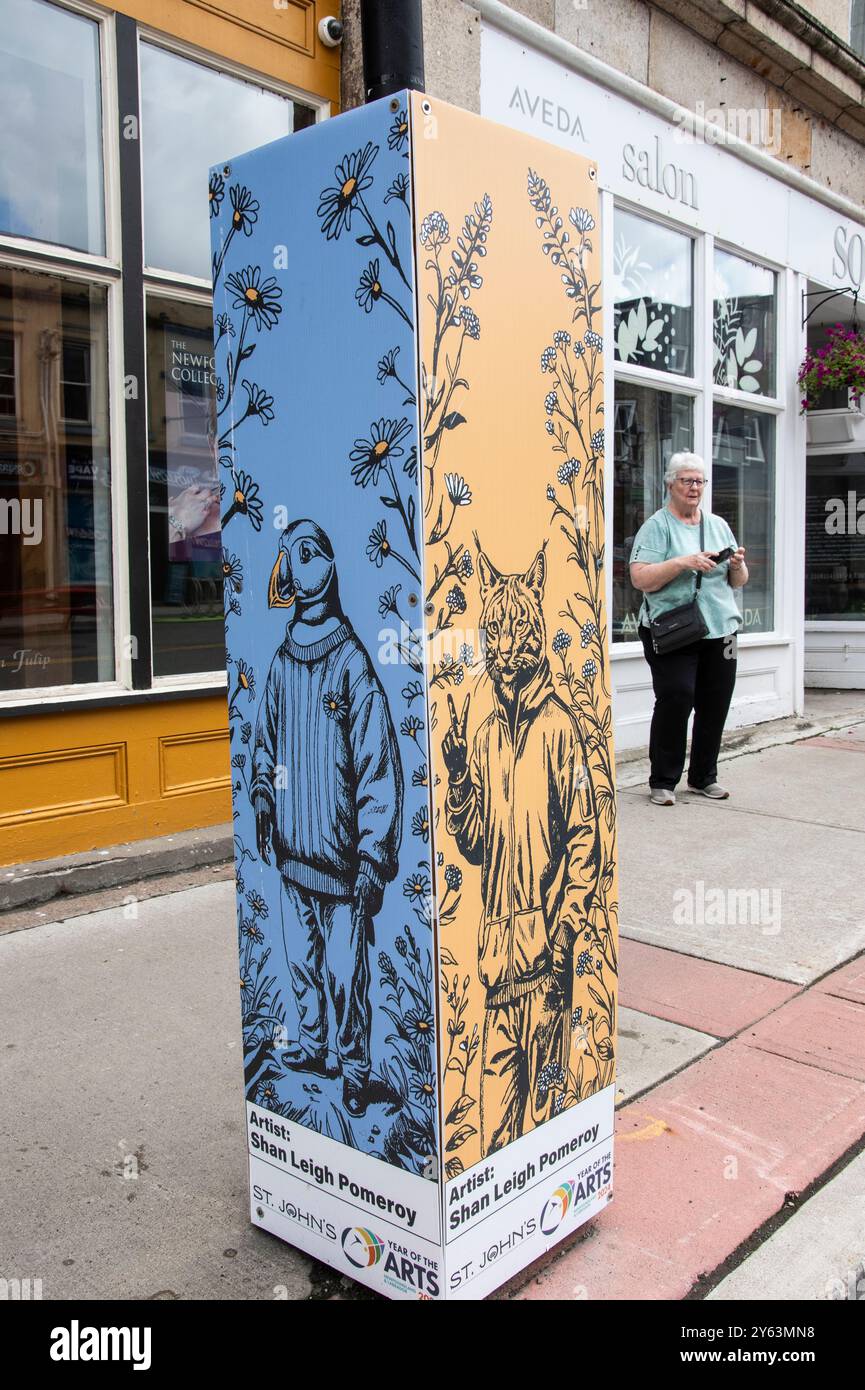 Il murale Year of the Arts raffigura un puffin in Water Street nel centro di St. John's, Newfoundland & Labrador, Canada Foto Stock