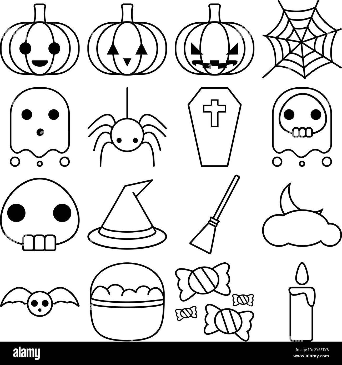 carine 16 icone di halloween, contorno nero Illustrazione Vettoriale