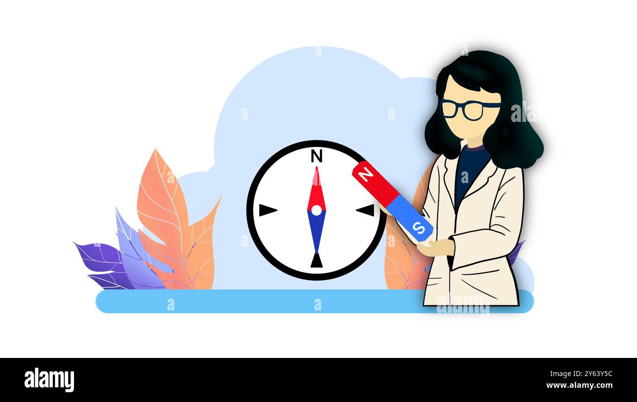 Scienziata donna che fa esperimenti scientifici, esperimenti di forza magnetica, scienza fisica sul movimento dei campi magnetici positivo e negativo Foto Stock