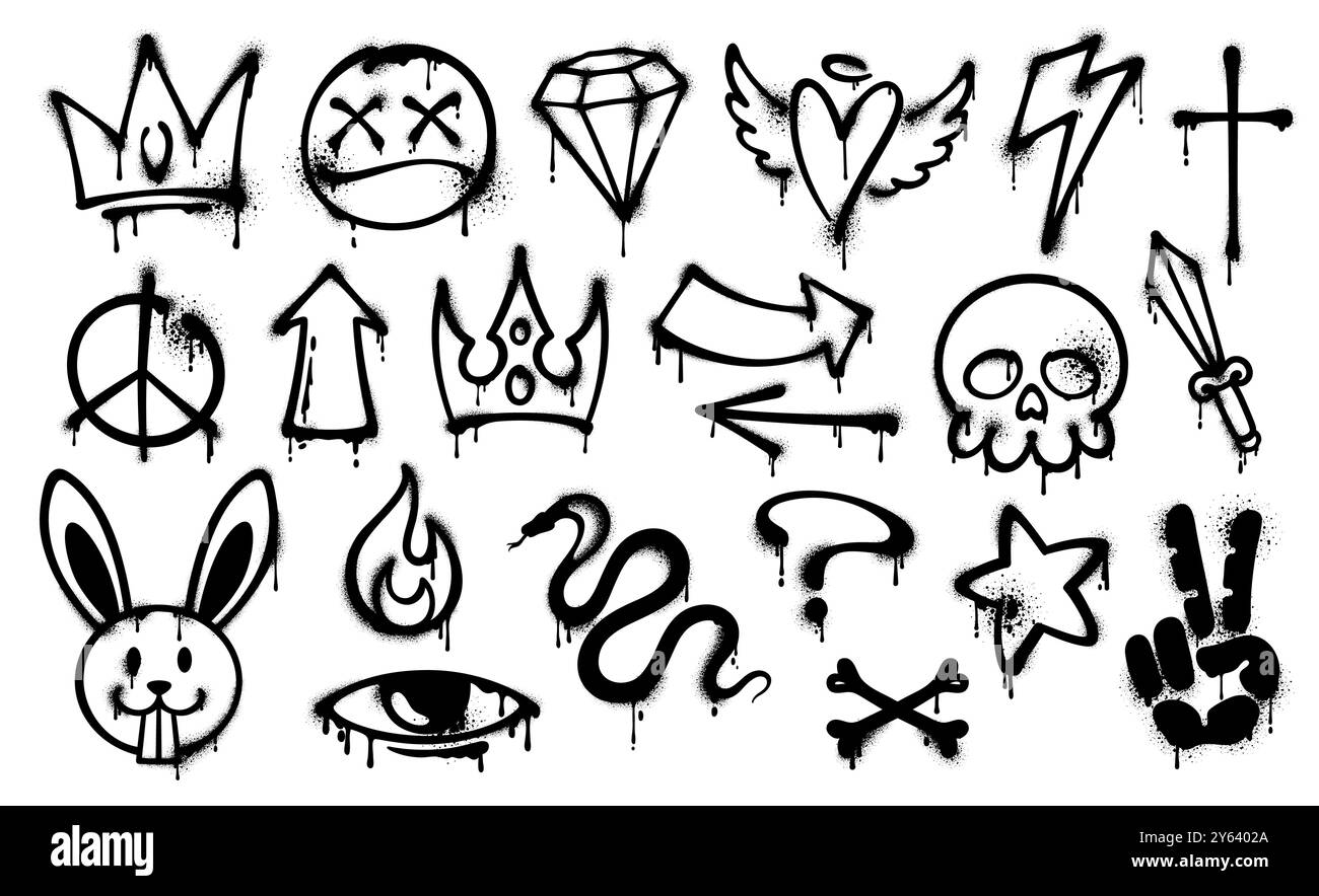 Icone di vernice spray per graffiti con inchiostro grunge. Set vettoriale di elementi neri urbani e di Street culture. Serpente, cranio, testa di corona e coniglio, fulmine, punto interrogativo e cuore alato. Occhio, diamante, croce Illustrazione Vettoriale