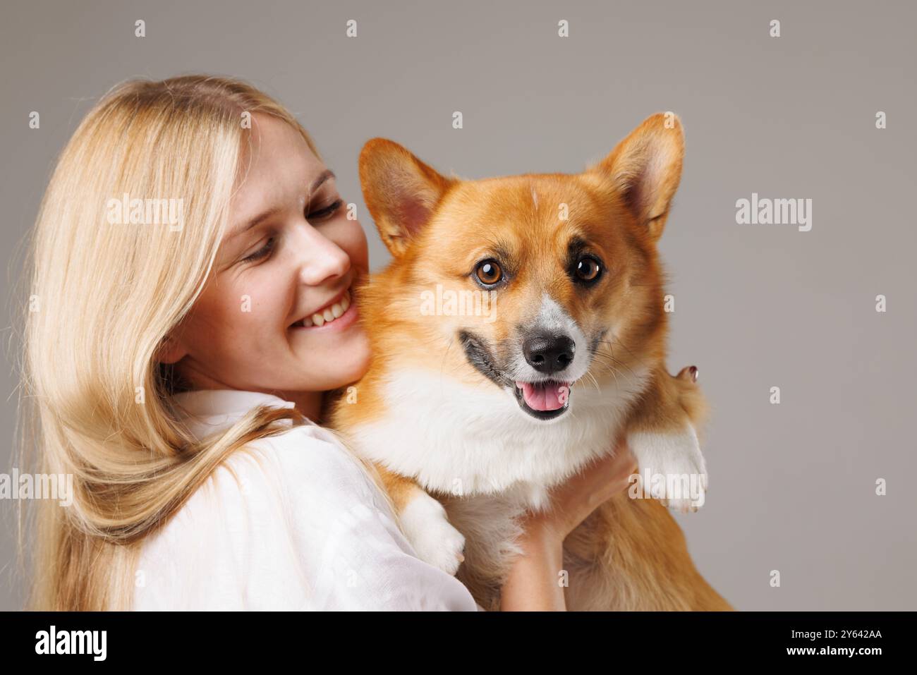 Una donna con lunghi capelli biondi sorride mentre tiene in braccio un cane corgi felice. Lo sfondo è neutrale, sottolineando la gioiosa interazione tra di noi Foto Stock