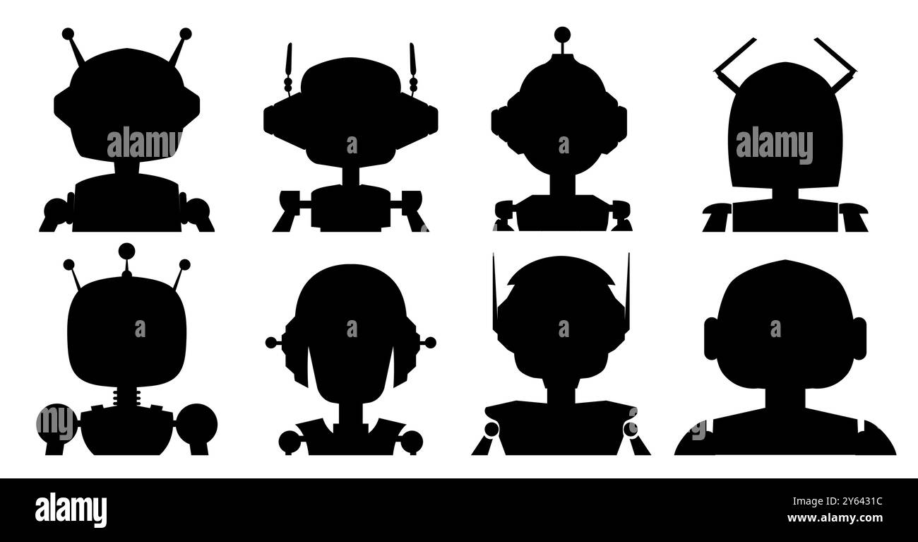 Set vettoriale di sagome monocromatiche di vari robot isolati dallo sfondo. Raccolta di androidi ombra nera. illustrazioni di cyborg infantile Illustrazione Vettoriale