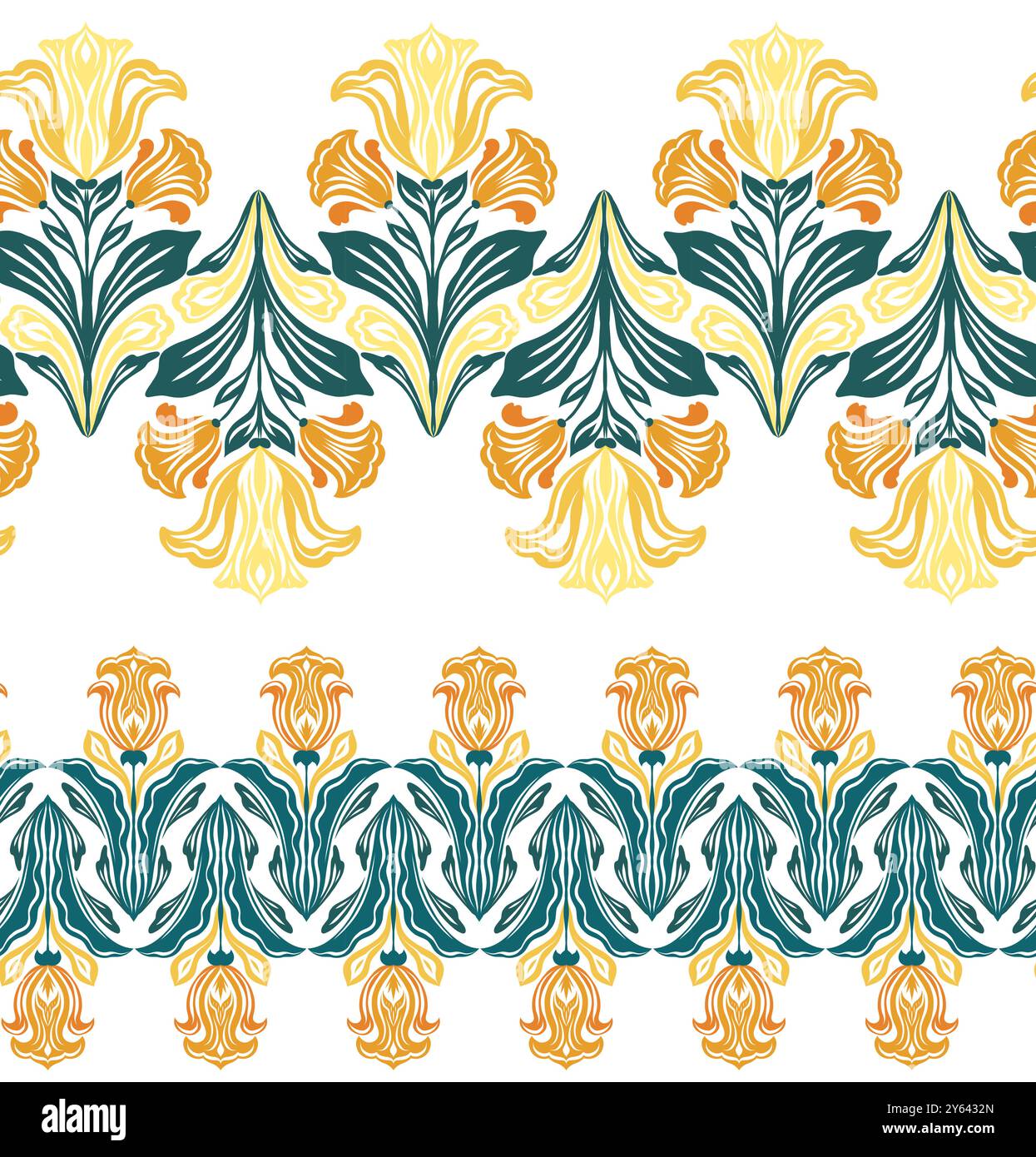 Insieme vettoriale di confini art nouveau con Iris e freesie. Collezione di fregi orizzontali con fiori gialli in fiore. Vernice floreale decorata Illustrazione Vettoriale