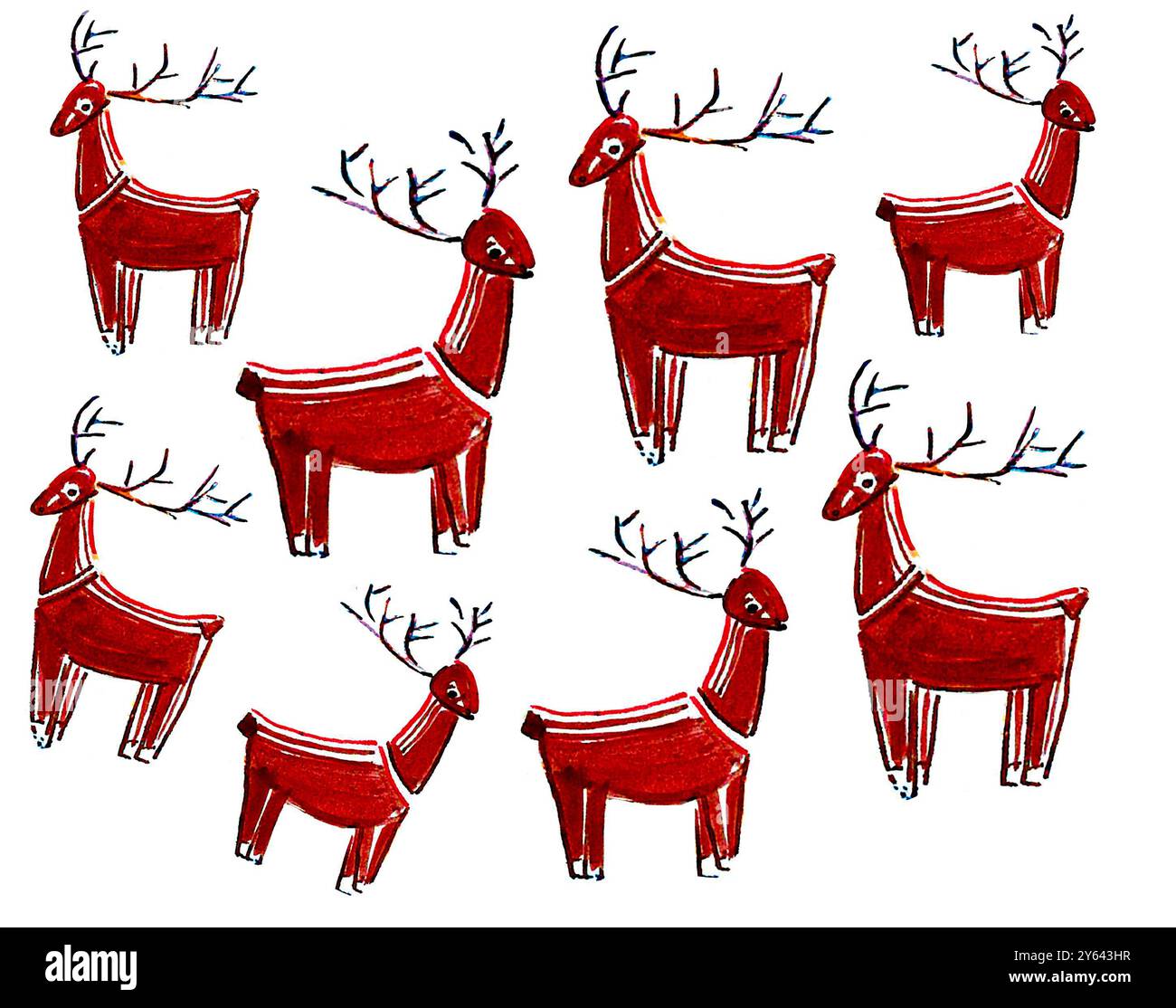 Un set di cervi decorativi di diverse dimensioni. Isolato su sfondo bianco. Cervo stilizzato. Disegnato con linee e riempimenti. Sfumature rosso-marrone. Contorno nero e avvisatori acustici. Foto Stock