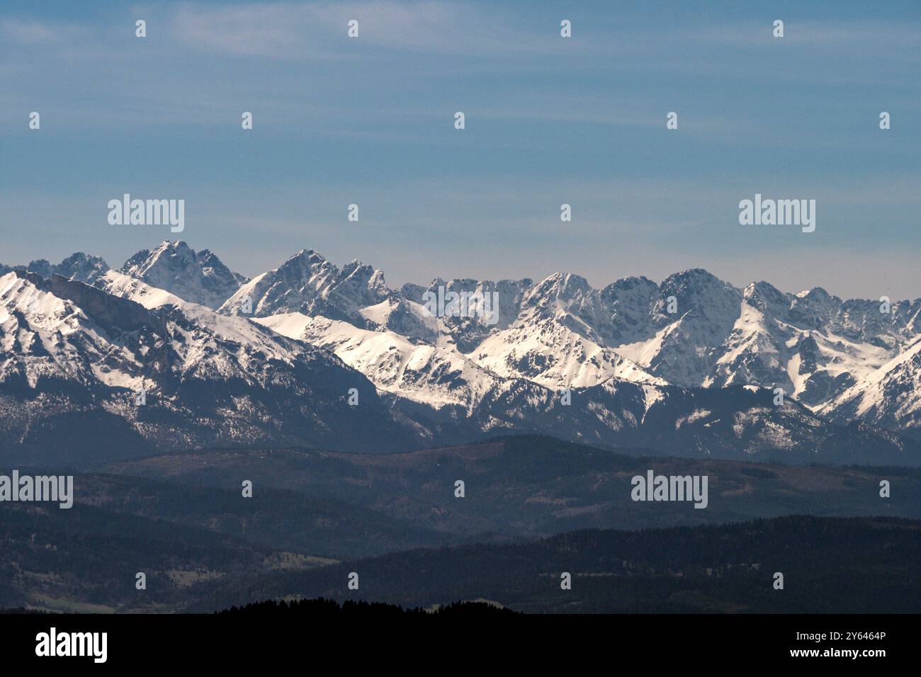 Vette innevate - panorama dei monti Tatra - primo piano. Vista dalla torre di osservazione sulla cima del monte Koziarz a Beskid Sądecki Foto Stock