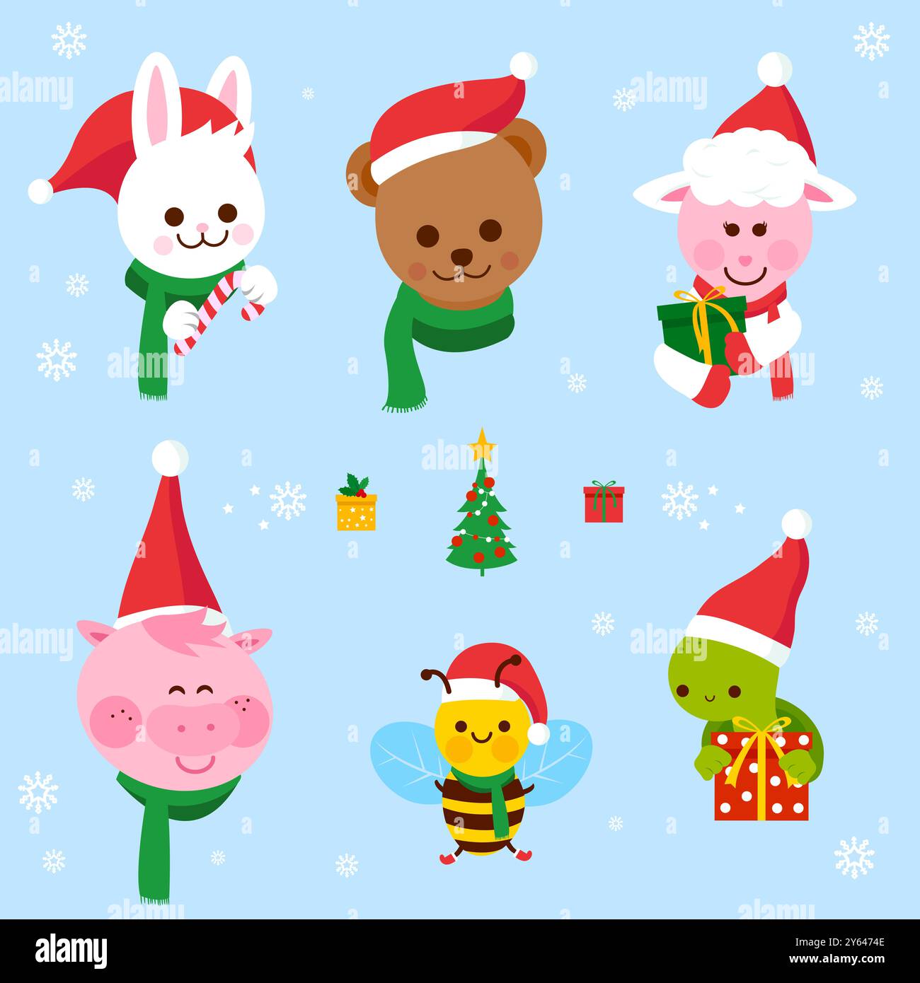 Animali carini con cappelli di Babbo Natale e scatole regalo di Natale. Animali domestici natalizi e animali da fattoria. Foto Stock