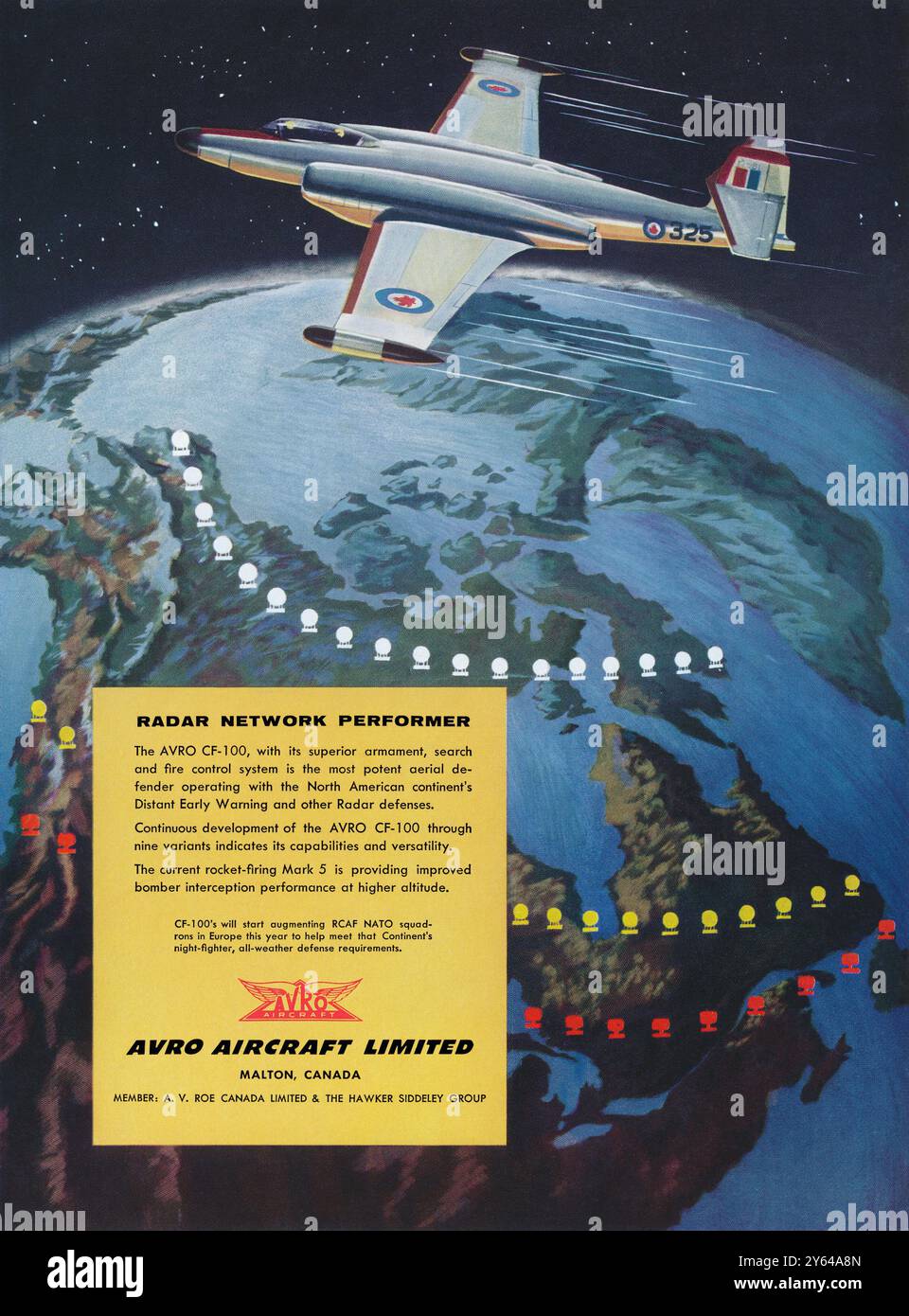 1956 pubblicità britannica per l'Avro Canada CF-100 Canuck aereo da caccia bimotore canadese, del produttore di aerei Avro Canada. Foto Stock