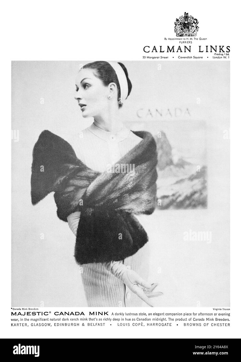1956 pubblicità di moda britannica per pelliccerie Calman Links. Foto Stock