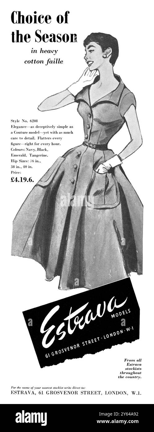 1956 pubblicità di moda britannica per un abito in faille di cotone di Estrava. Foto Stock