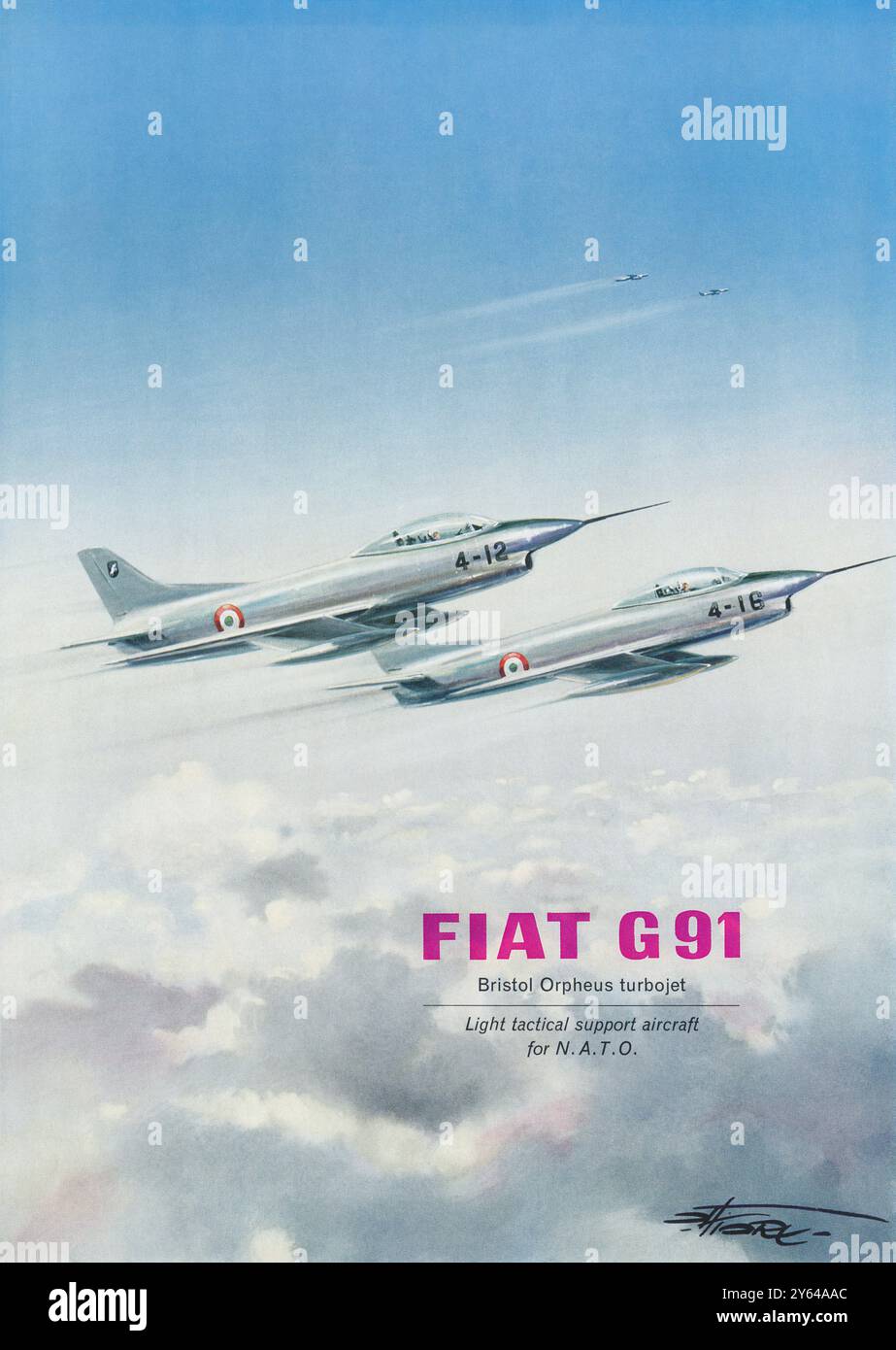 1956 pubblicità britannica per il velivolo da caccia Fiat G91, motorizzato dal turbogetto Bristol Orpheus. Foto Stock