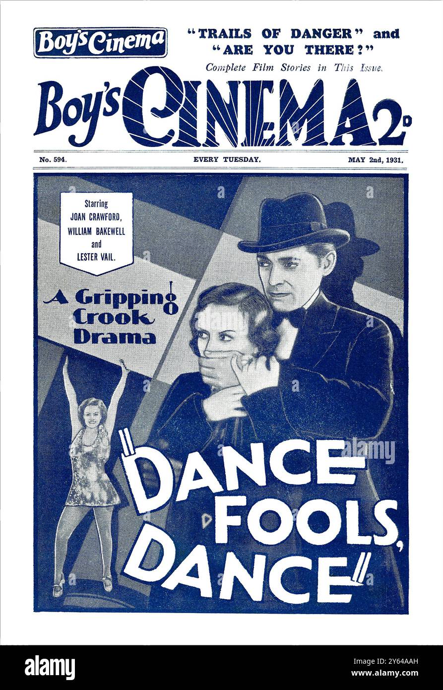 Rivista vintage 1931 davanti al Boy's Cinema, con Dance Fools Dance con Joan Crawford, William Bakewell e Lester Vail. Foto Stock
