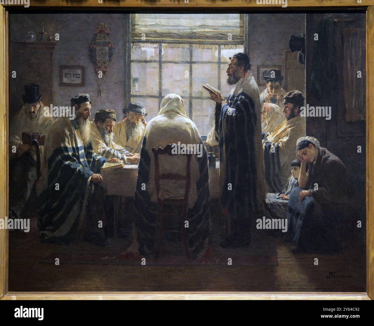 Giorni di lutto (1884) del pittore olandese Jan Voerman Sr. (1857-1941). Preghiere mattutine nella casa del lutto. (Sette giorni/shivah.) Foto Stock