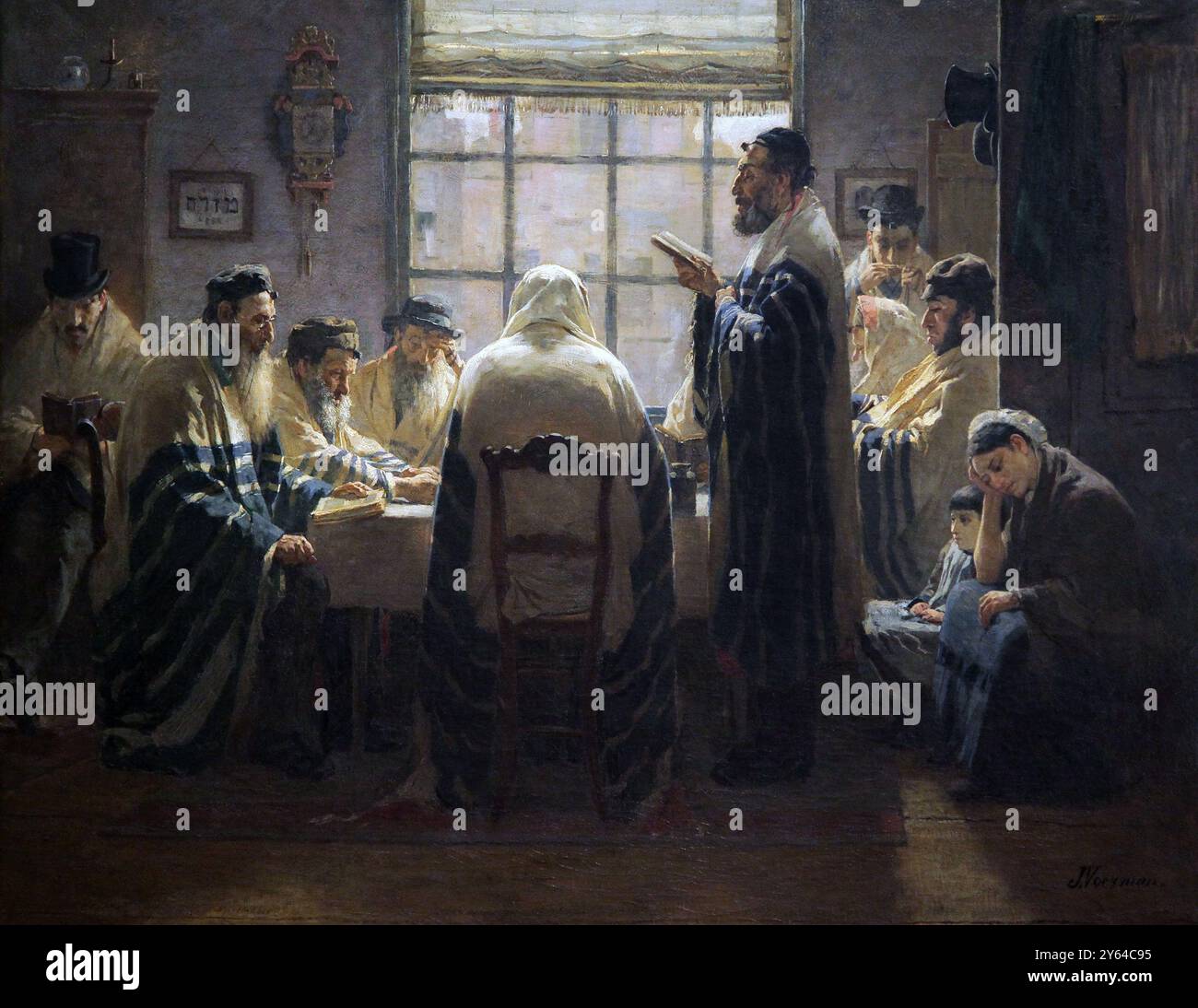 Giorni di lutto (1884) del pittore olandese Jan Voerman Sr. (1857-1941). Preghiere mattutine nella casa del lutto. (Sette giorni/shivah.) Foto Stock