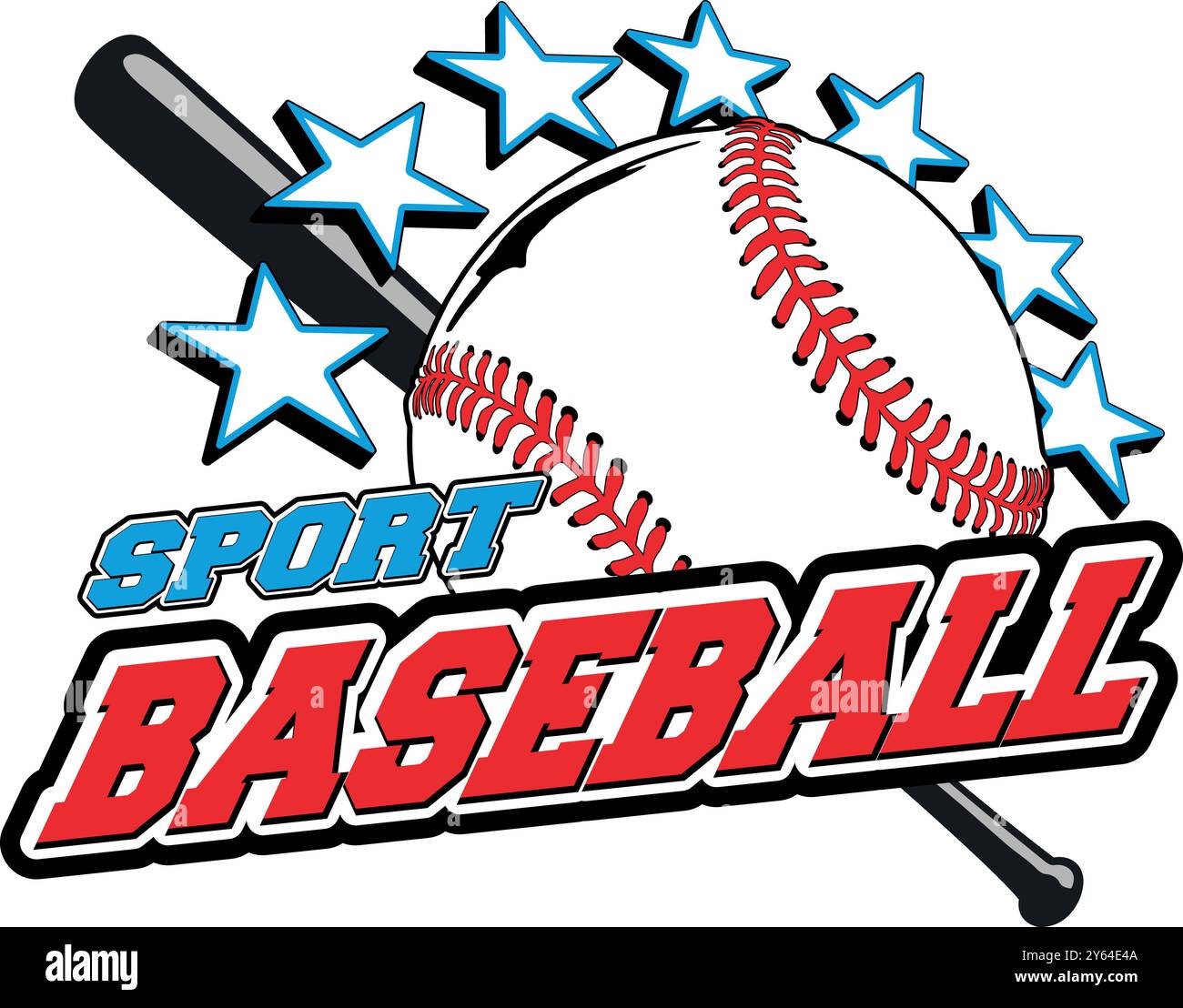 Una palla da baseball dietro le stelle e una mazza da baseball. Illustrazione Vettoriale