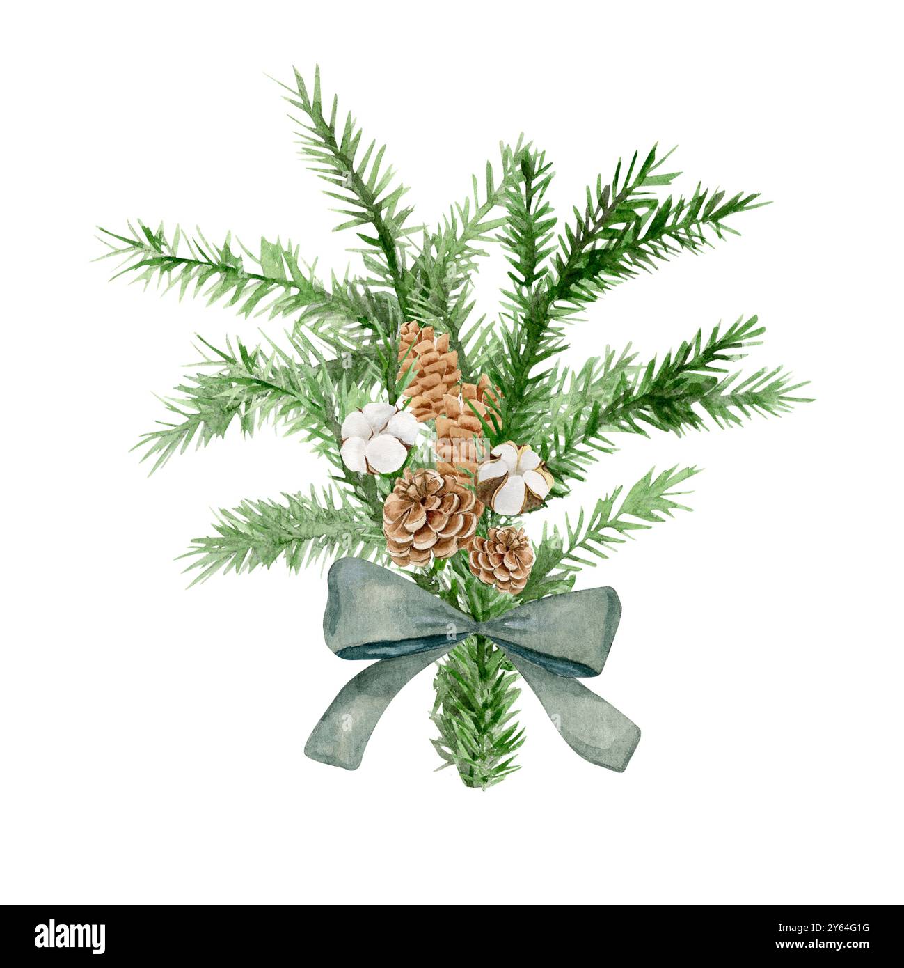 Illustrazione ad acquerello di un bouquet natalizio di rami di abete, coni, cotone con fiocco. Disegna a mano Foto Stock