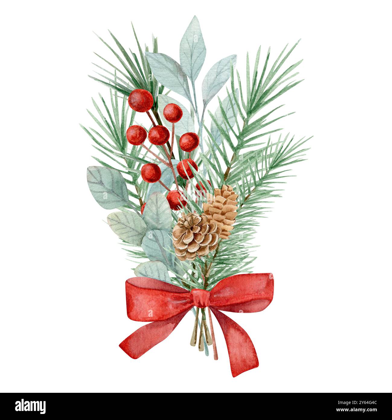 Acquerello raffigurante un bouquet natalizio di rami di abete e pino, coni, rami di eucalipto, rami con bacche con arco Foto Stock