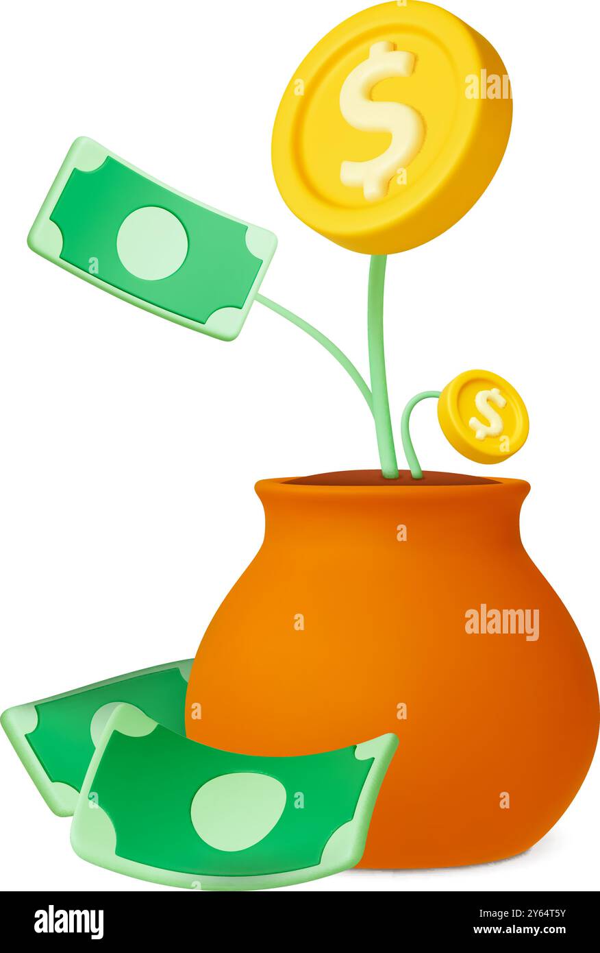 Impianto di raccolta di denaro in POT 3D. Profitto sugli investimenti, crescita salariale. Sviluppo finanziario, bancario. Monete e contante, metafora dei vettori dei dividendi Illustrazione Vettoriale