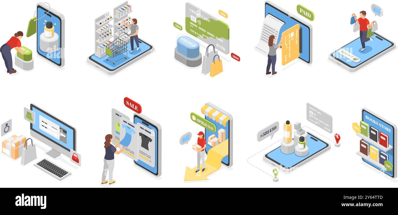 Acquisti online isometrici. Le persone acquistano beni nelle applicazioni mobili, nel mercato digitale. E-commerce, pagamenti e consegne moderni, vettori impeccabili Illustrazione Vettoriale