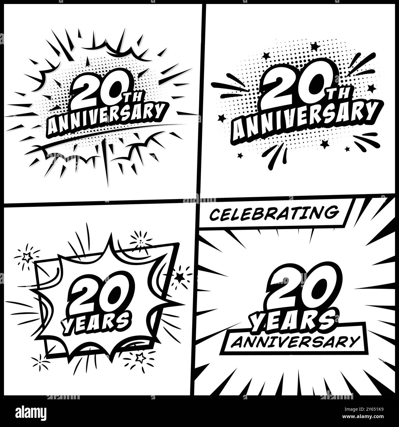 collezione di logo per il 20° anniversario. logotipo comico celebrazione del ventesimo anniversario. Vettore e illustrazione in stile pop art. Illustrazione Vettoriale