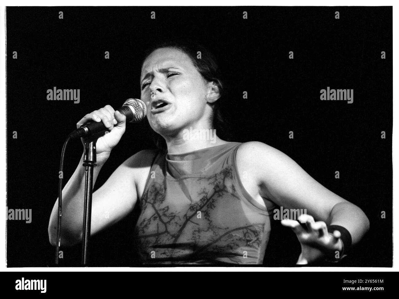 EMILIANA TORRINI, GIOVANE, CONCERTO, 2000: Una rara immagine della giovane Emiliana Torrini che suona un piccolo concerto intimo in una sala del Caerphilly Castle in Galles, Regno Unito, nell'ambito del primo Big Cheese Festival il 28 luglio 2000. Torrini era in tour con il suo album di debutto "Love in the Time of Science". Foto: Rob Watkins. INFO: Emilíana Torrini è una cantautrice islandese nota per la sua voce eterea e il suono eclettico, che fonde influenze folk, pop ed elettroniche. Meglio conosciuta per brani come "Jungle Drum" e il suo lavoro su Lord of the Rings, la sua musica è introspettiva e suggestiva. Foto Stock