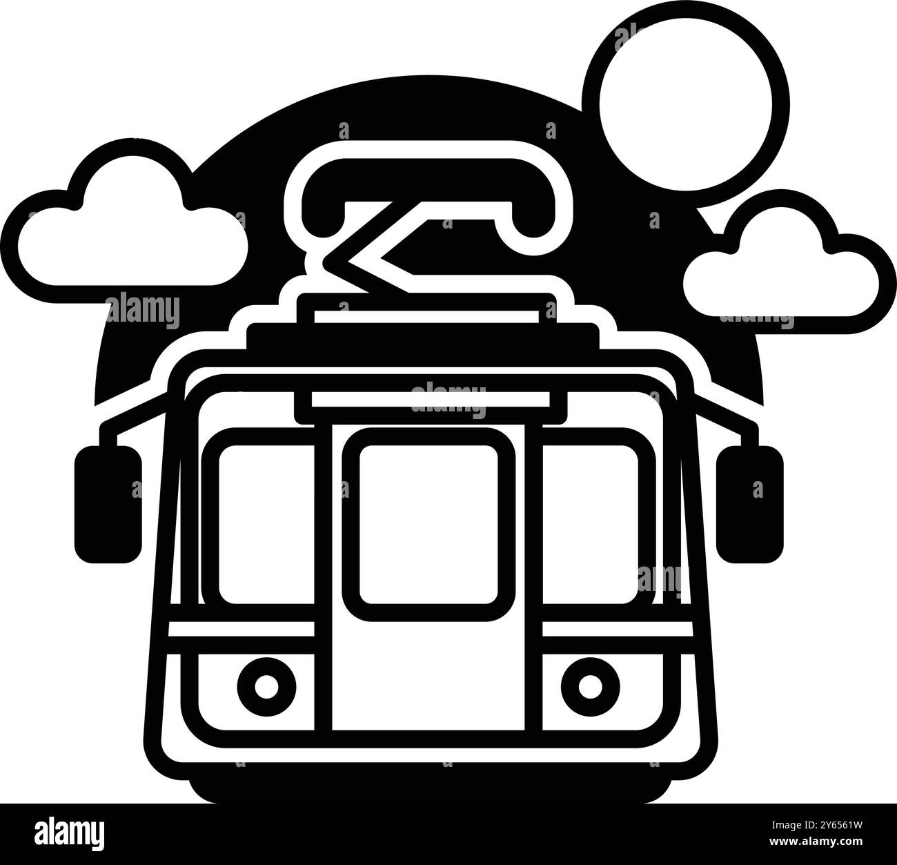 Un treno bianco e nero con un sole sullo sfondo. Il treno è su un binario ed è circondato da nuvole Illustrazione Vettoriale Un treno bianco e nero con un sole sullo sfondo. Il treno è su un binario ed è circondato da nuvole Illustrazione Vettoriale