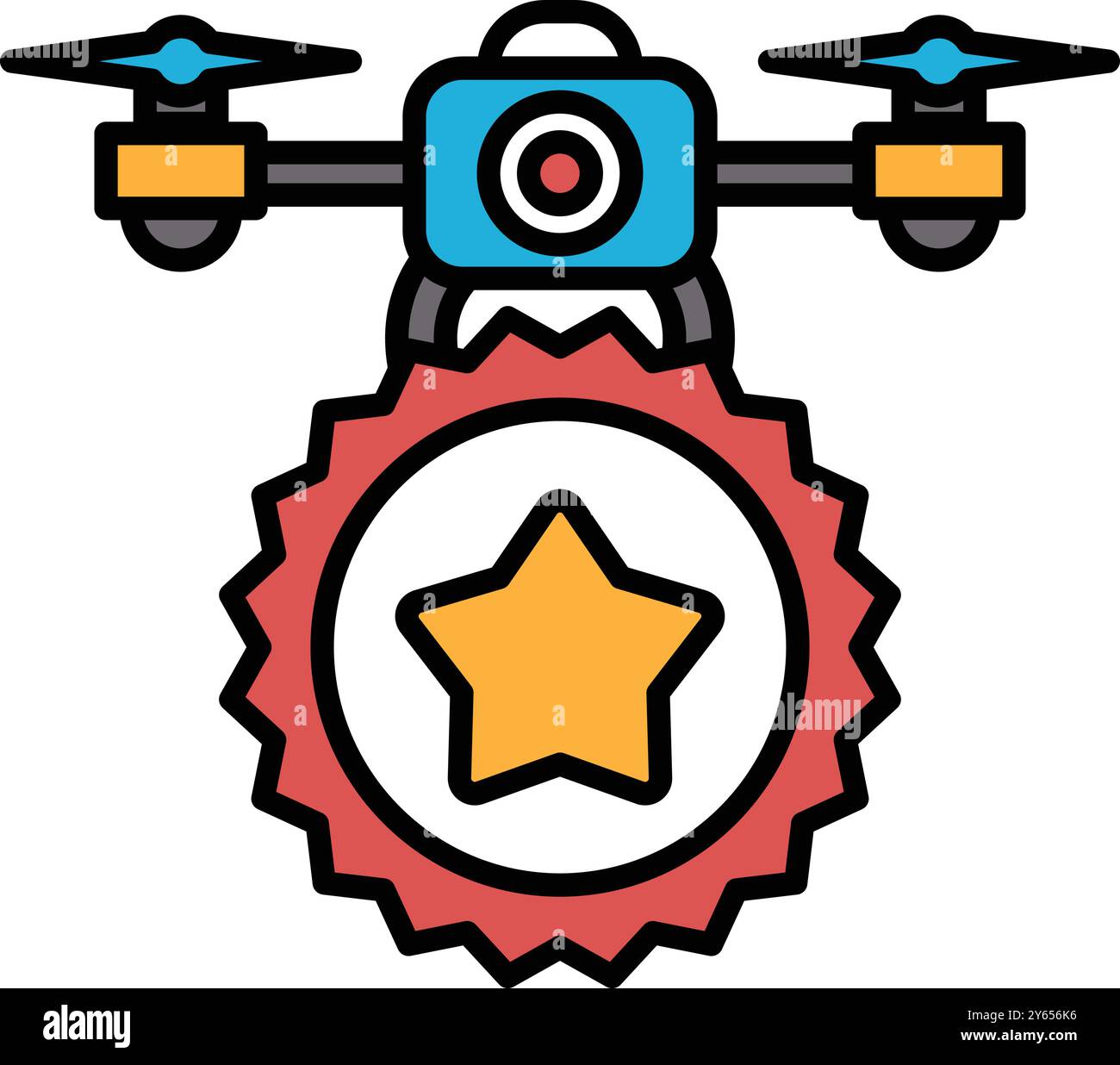 Un drone con una stella rossa sopra. Il drone è blu e giallo Illustrazione Vettoriale